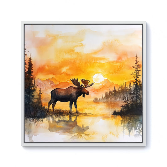 Watercolour Moose At Sunset Framed Canvas