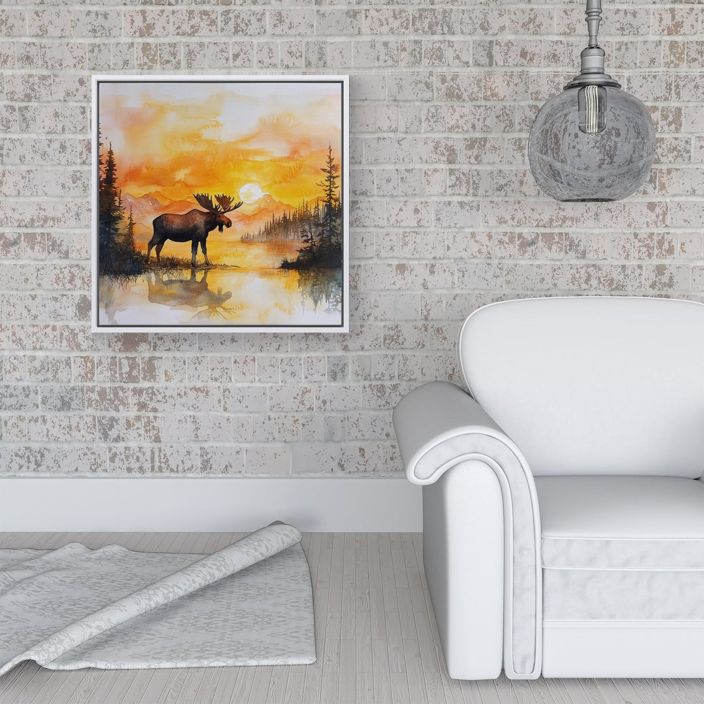 Watercolour Moose At Sunset Framed Canvas