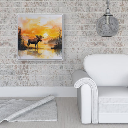 Watercolour Moose At Sunset Framed Canvas