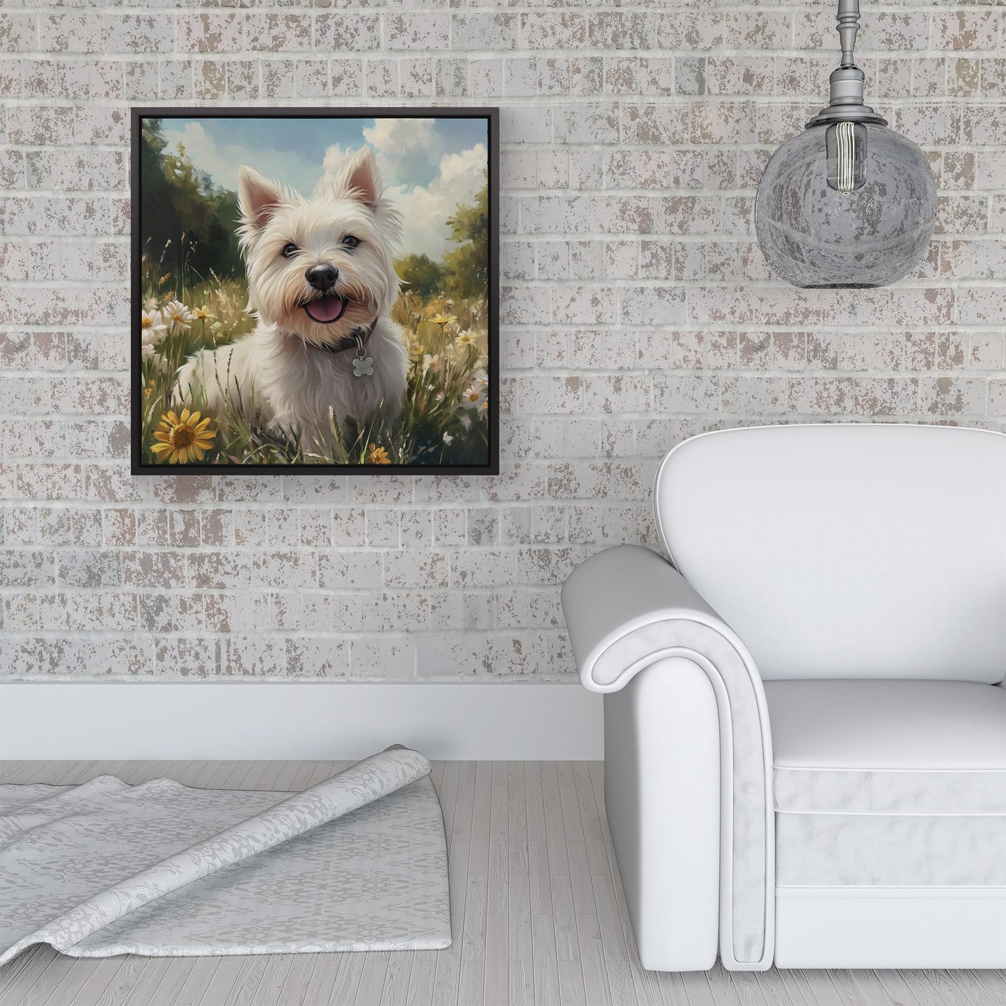Happy Westie In A Summer Meadow Framed Canvas