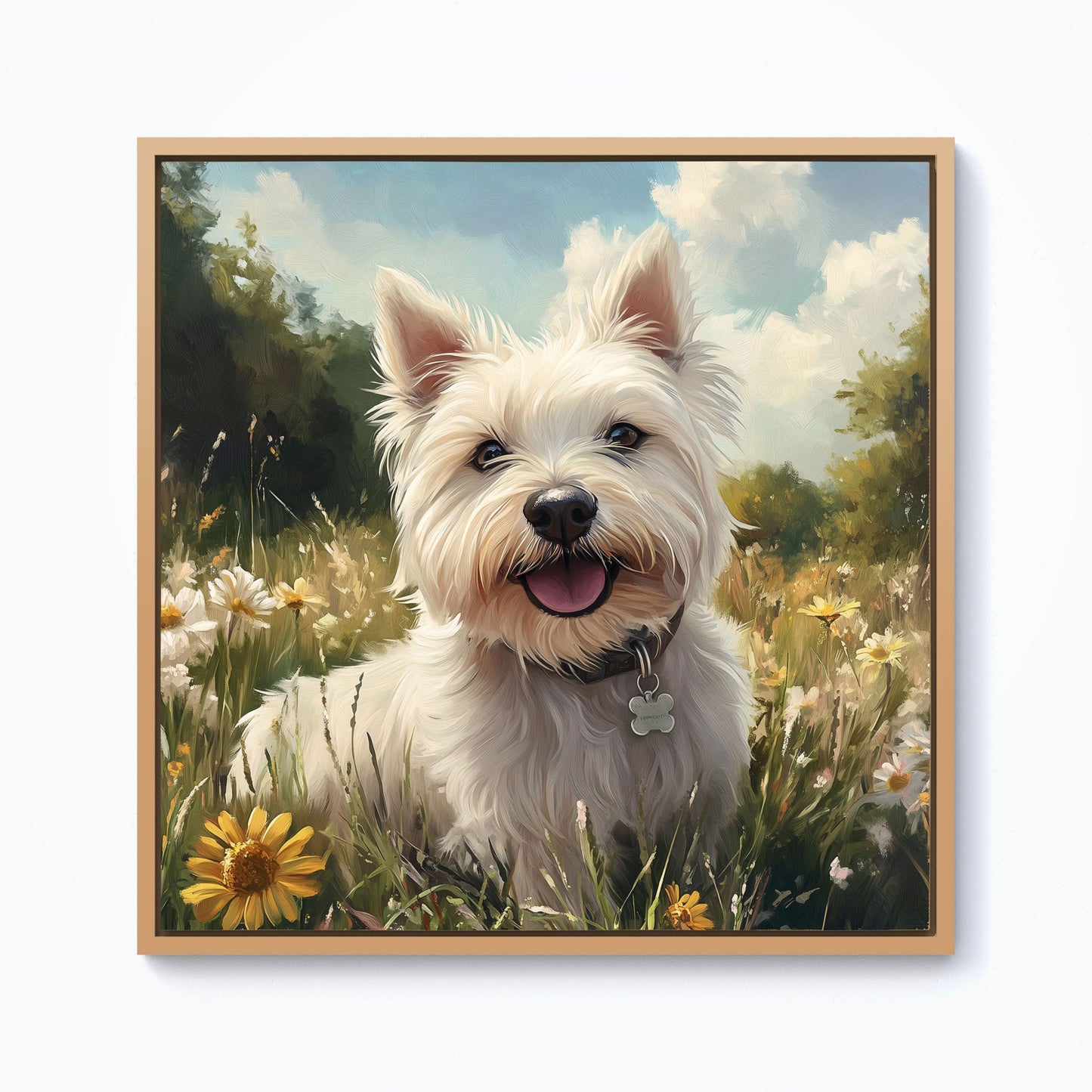 Happy Westie In A Summer Meadow Framed Canvas