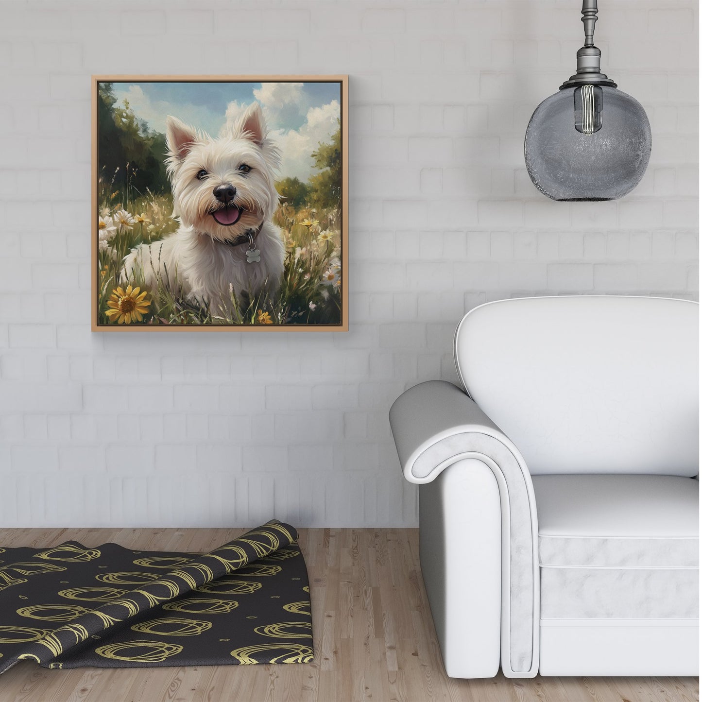 Happy Westie In A Summer Meadow Framed Canvas