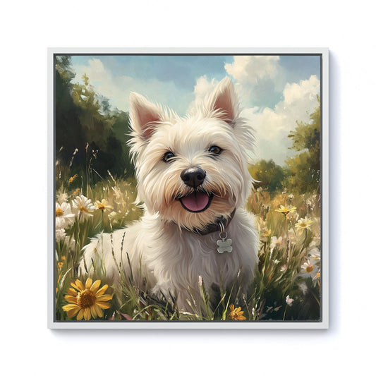 Happy Westie In A Summer Meadow Framed Canvas