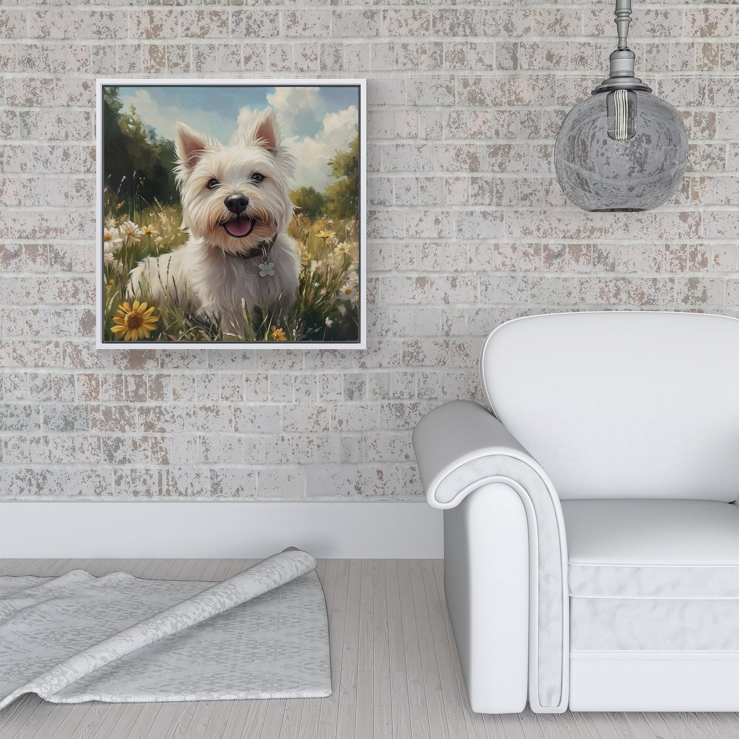 Happy Westie In A Summer Meadow Framed Canvas
