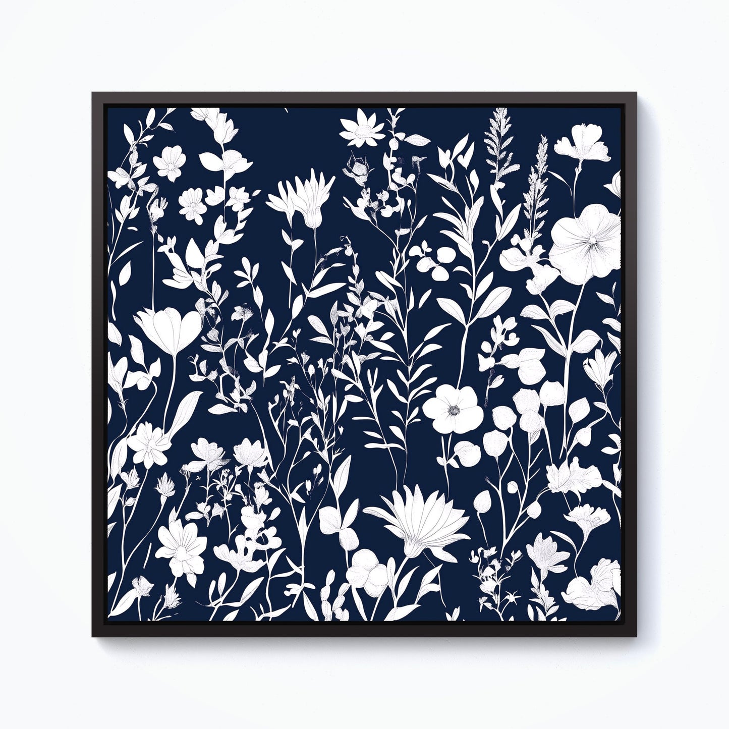 Blue And White Floral Silhouette Framed Canvas