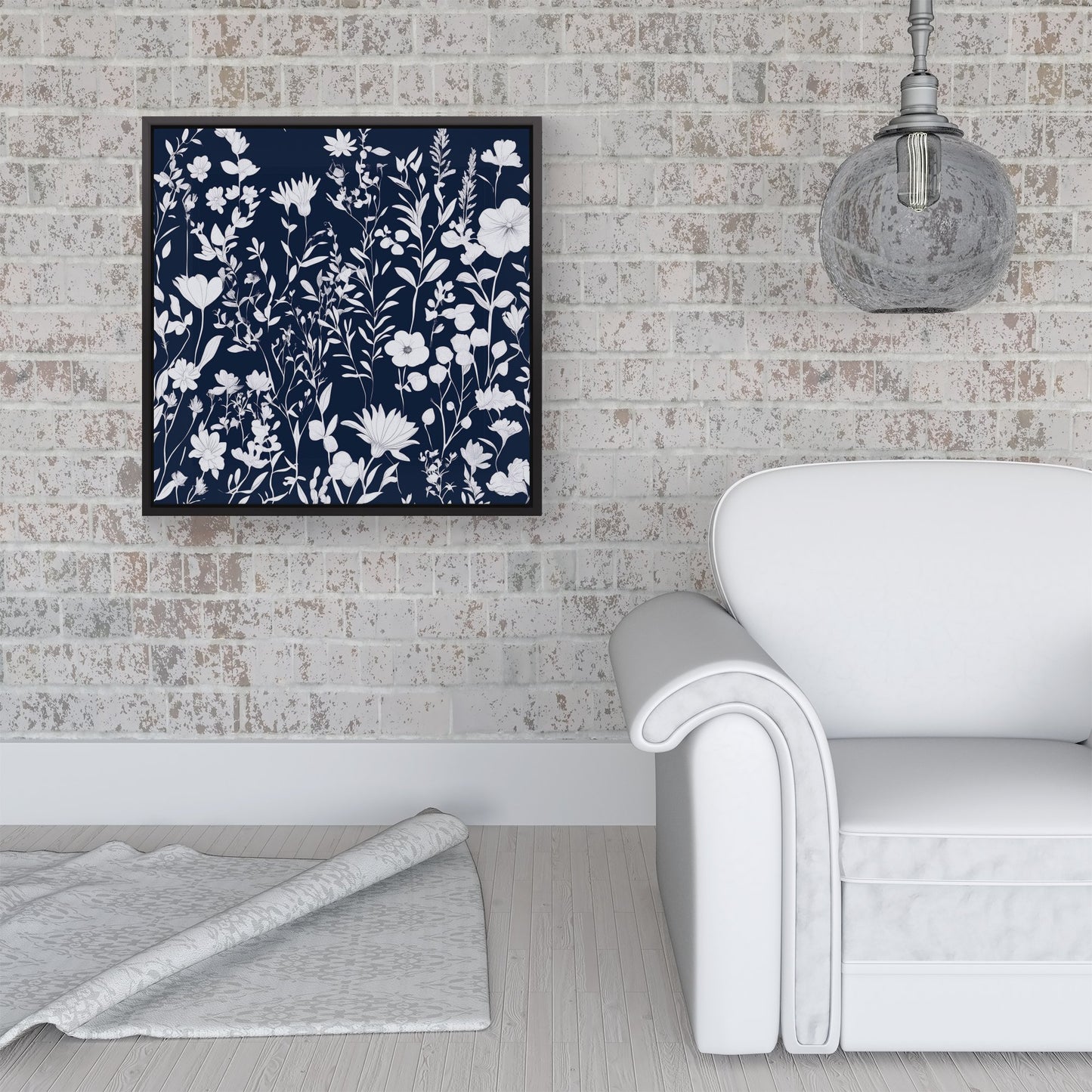 Blue And White Floral Silhouette Framed Canvas