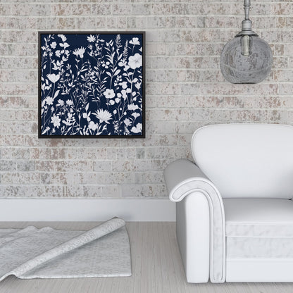 Blue And White Floral Silhouette Framed Canvas