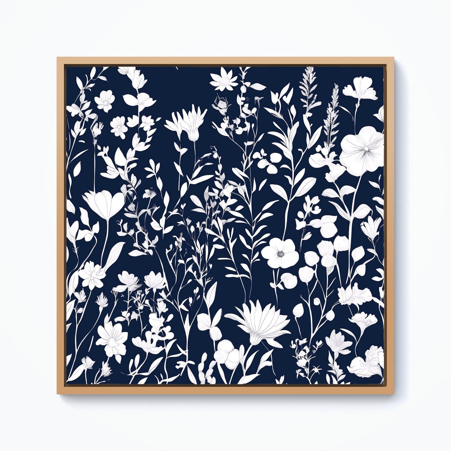 Blue And White Floral Silhouette Framed Canvas