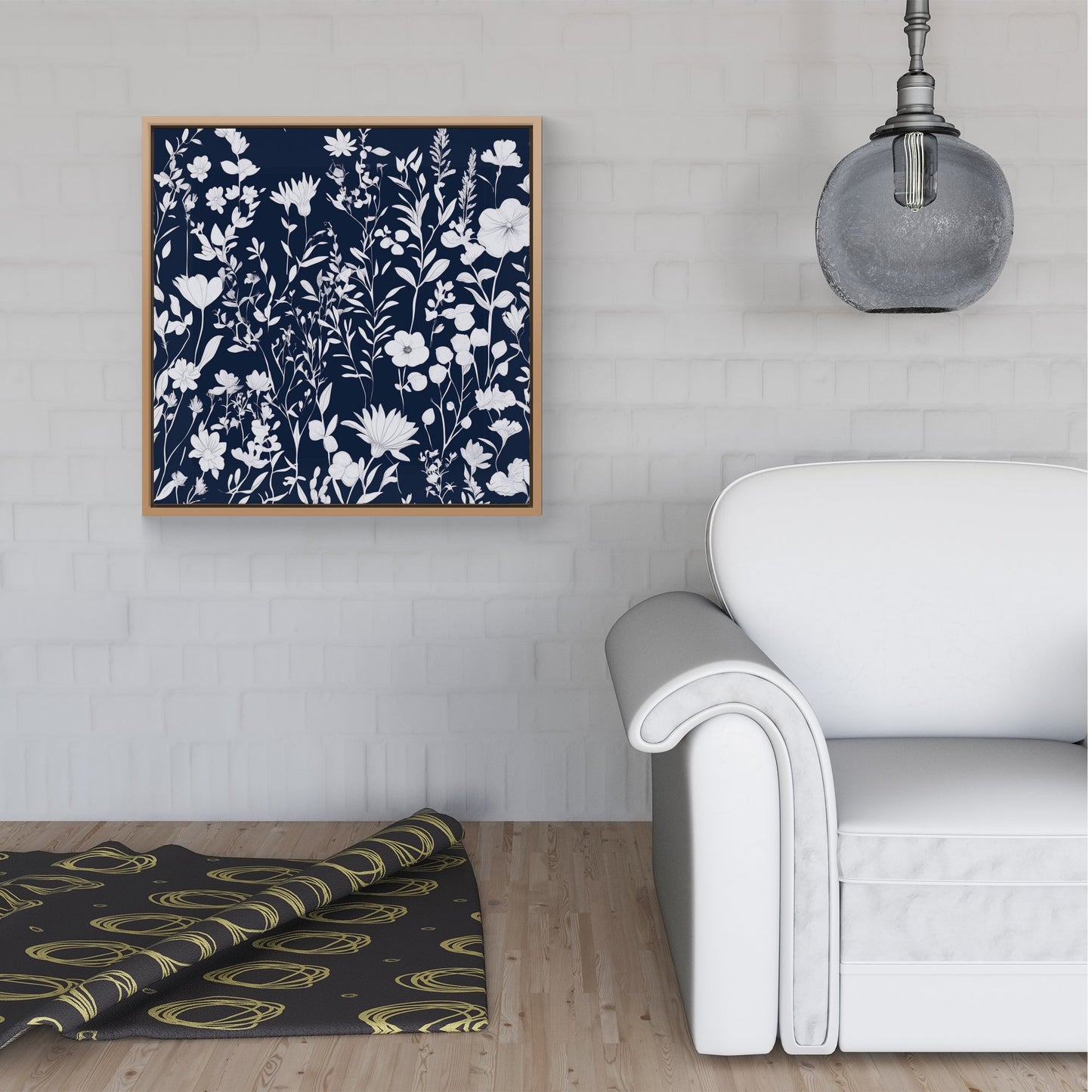 Blue And White Floral Silhouette Framed Canvas