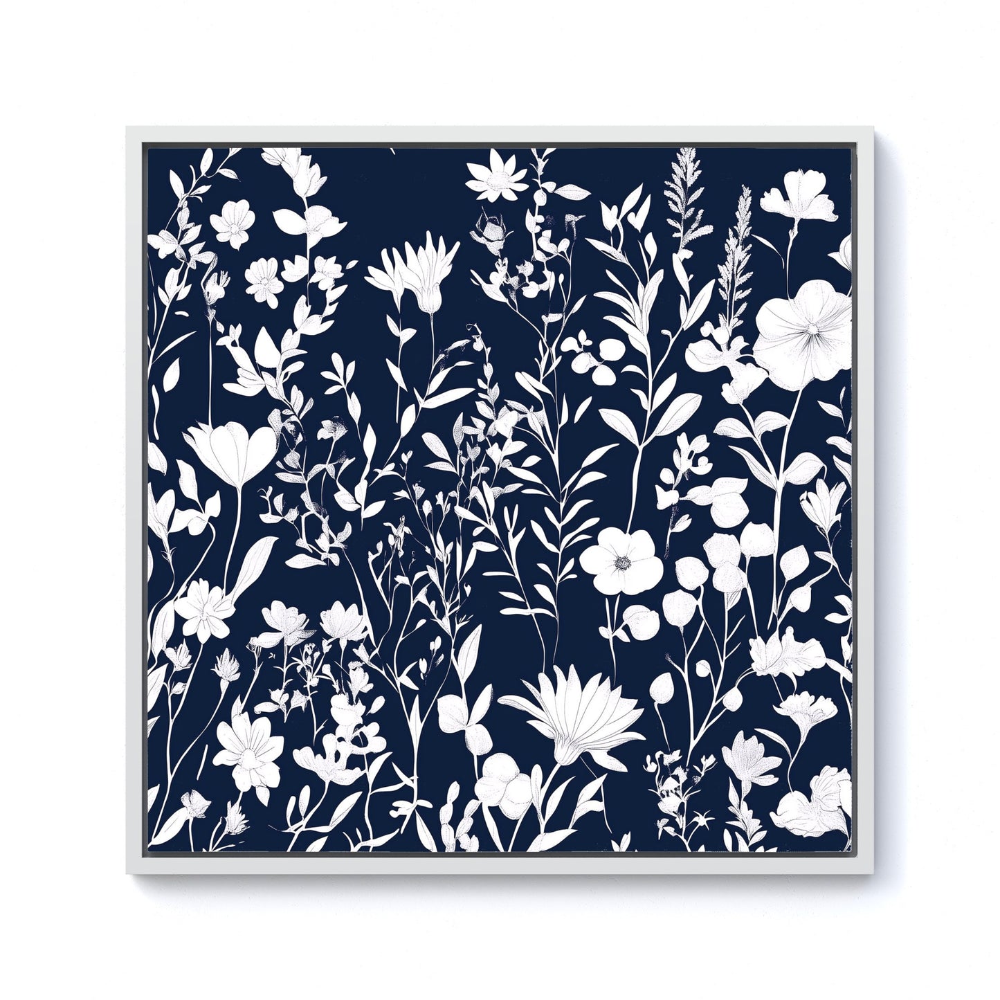 Blue And White Floral Silhouette Framed Canvas