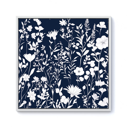 Blue And White Floral Silhouette Framed Canvas