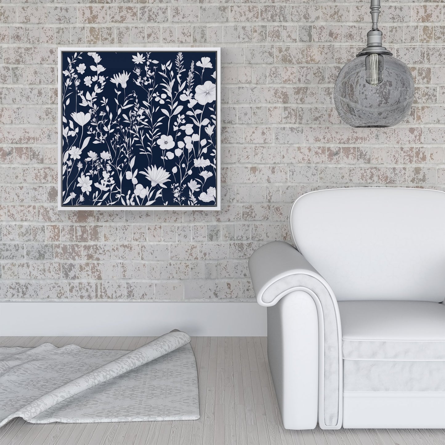 Blue And White Floral Silhouette Framed Canvas