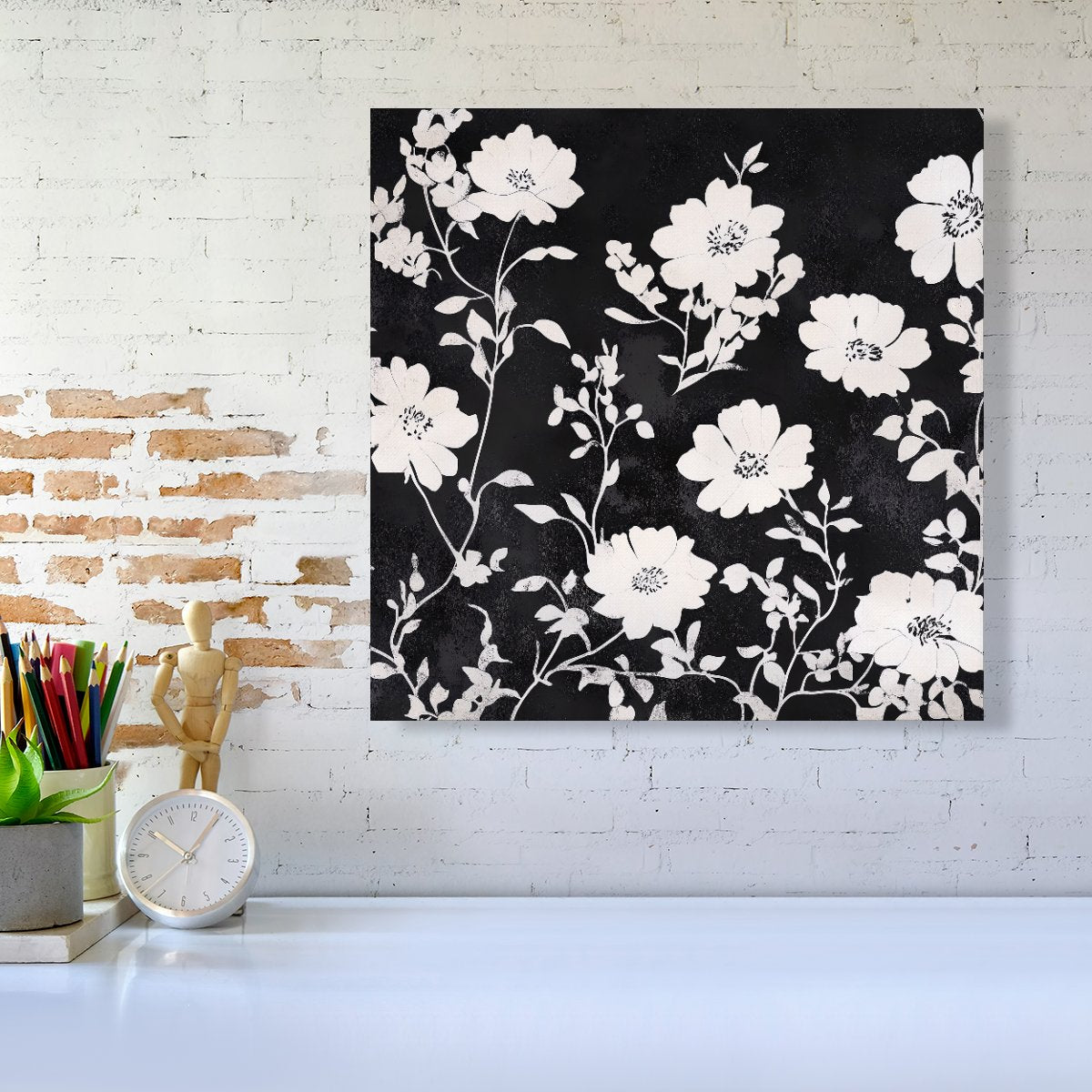 Black And White Floral Silhouette Canvas