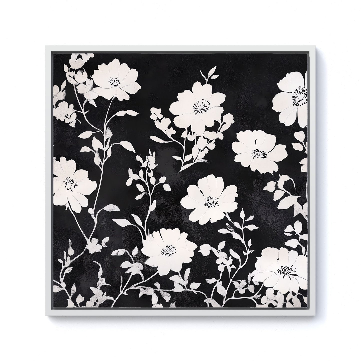 Black And White Floral Silhouette Framed Canvas
