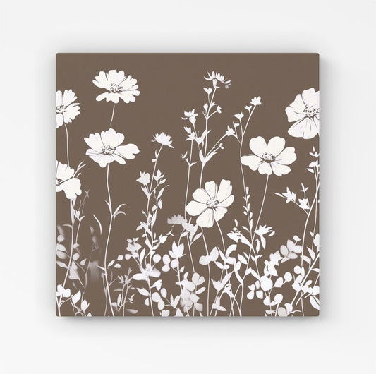 Taupe And White Floral Silhouette Canvas
