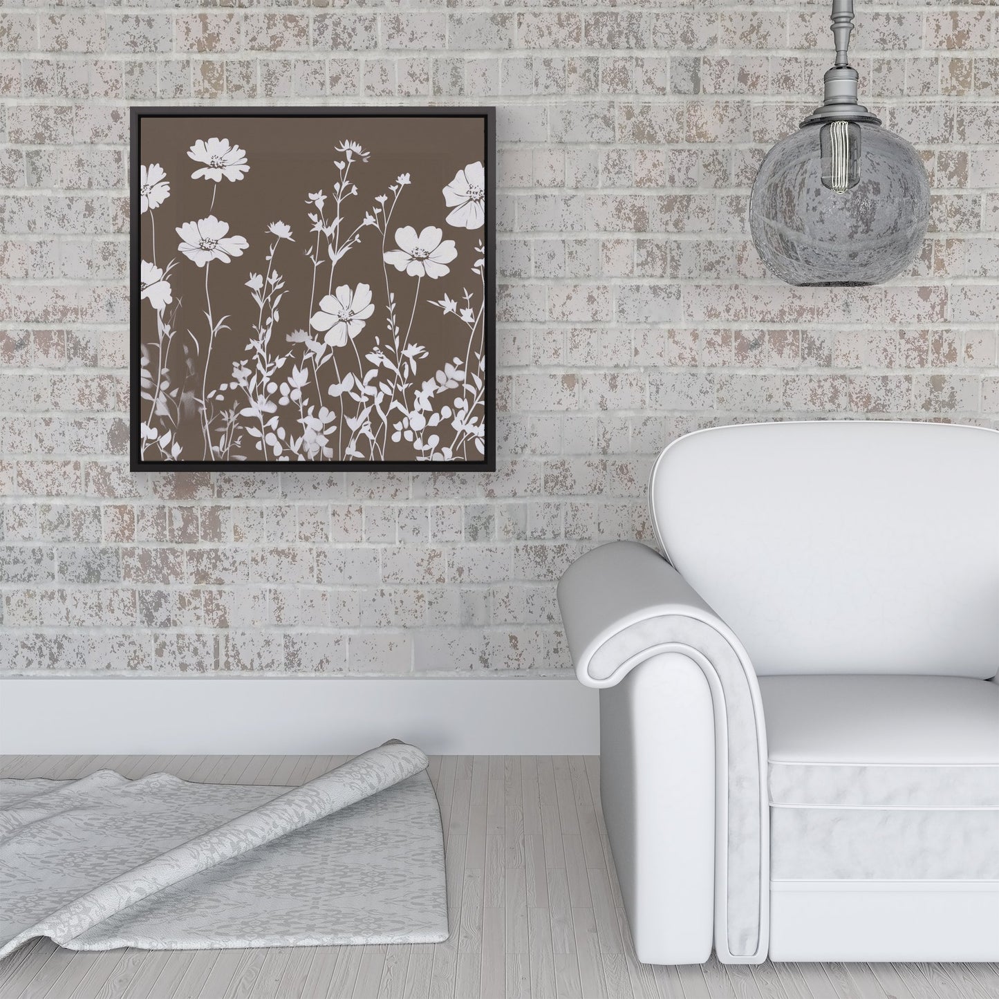 Taupe And White Floral Silhouette Framed Canvas