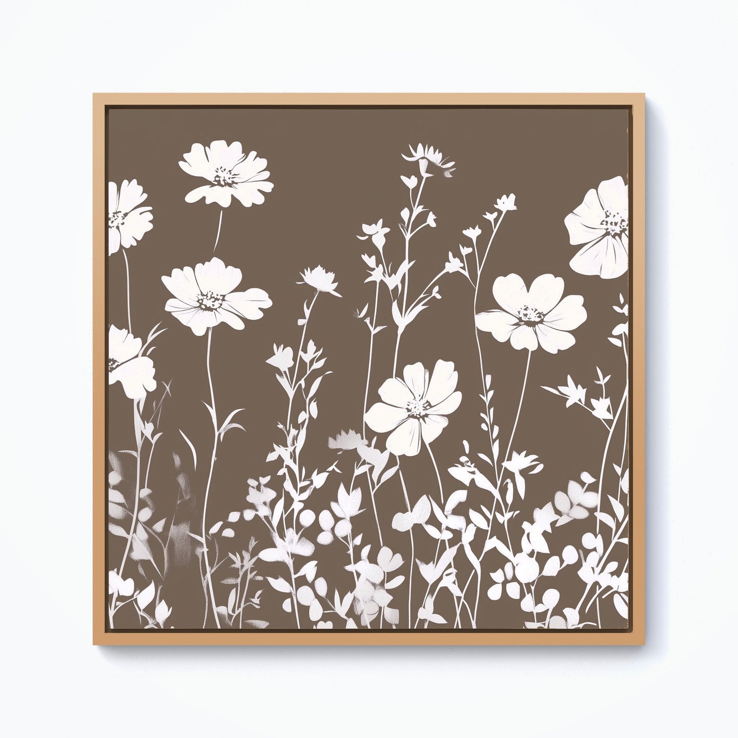 Taupe And White Floral Silhouette Framed Canvas