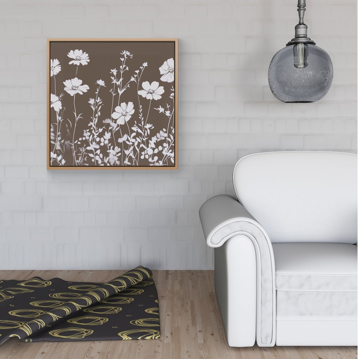 Taupe And White Floral Silhouette Framed Canvas