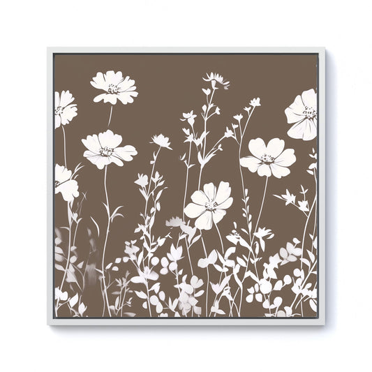 Taupe And White Floral Silhouette Framed Canvas