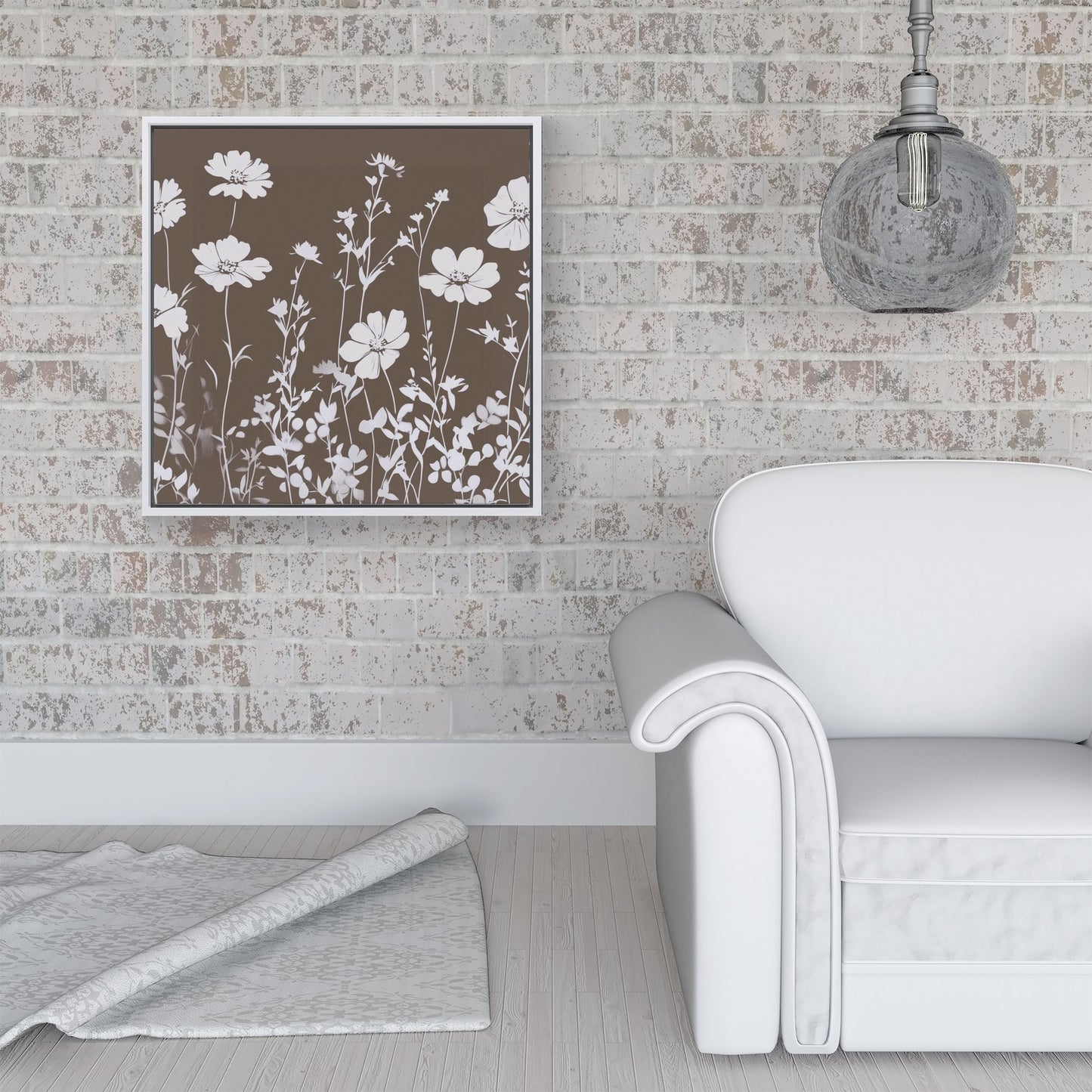 Taupe And White Floral Silhouette Framed Canvas