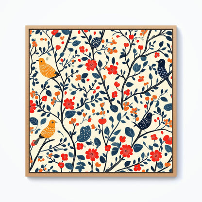 Woodland Birds And Flowers In The Trees Framed Canvas