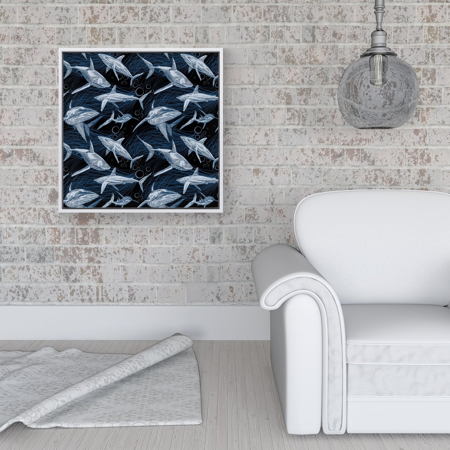 Hand Drawn Shark Pattern Framed Canvas