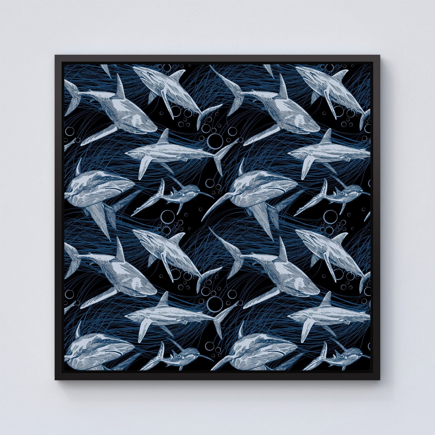 Hand Drawn Shark Pattern Framed Canvas