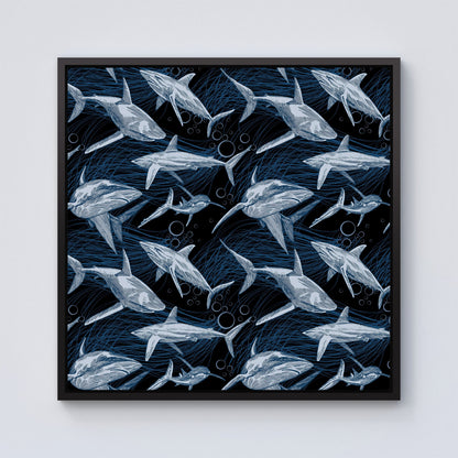 Hand Drawn Shark Pattern Framed Canvas