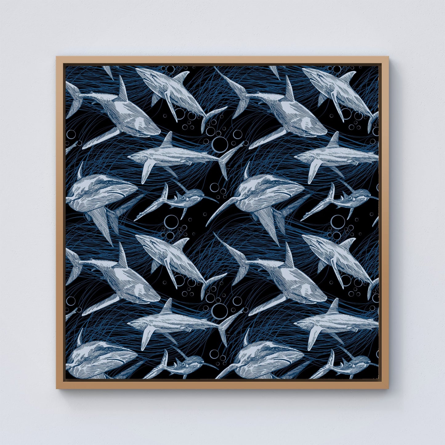 Hand Drawn Shark Pattern Framed Canvas
