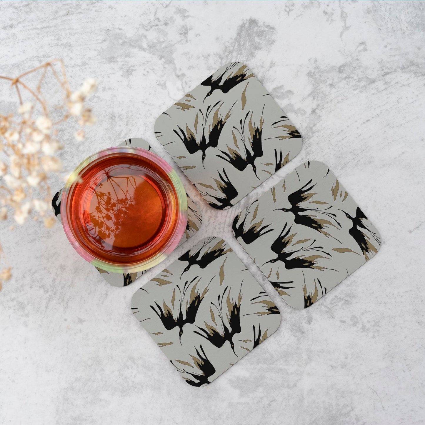 Black And Gold Fire Bird Silhouettes Coasters