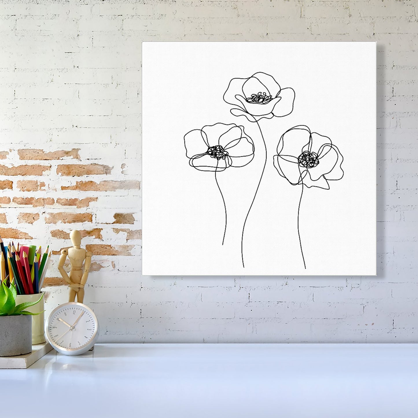 Monochrome Line Drawn Poppies Canvas