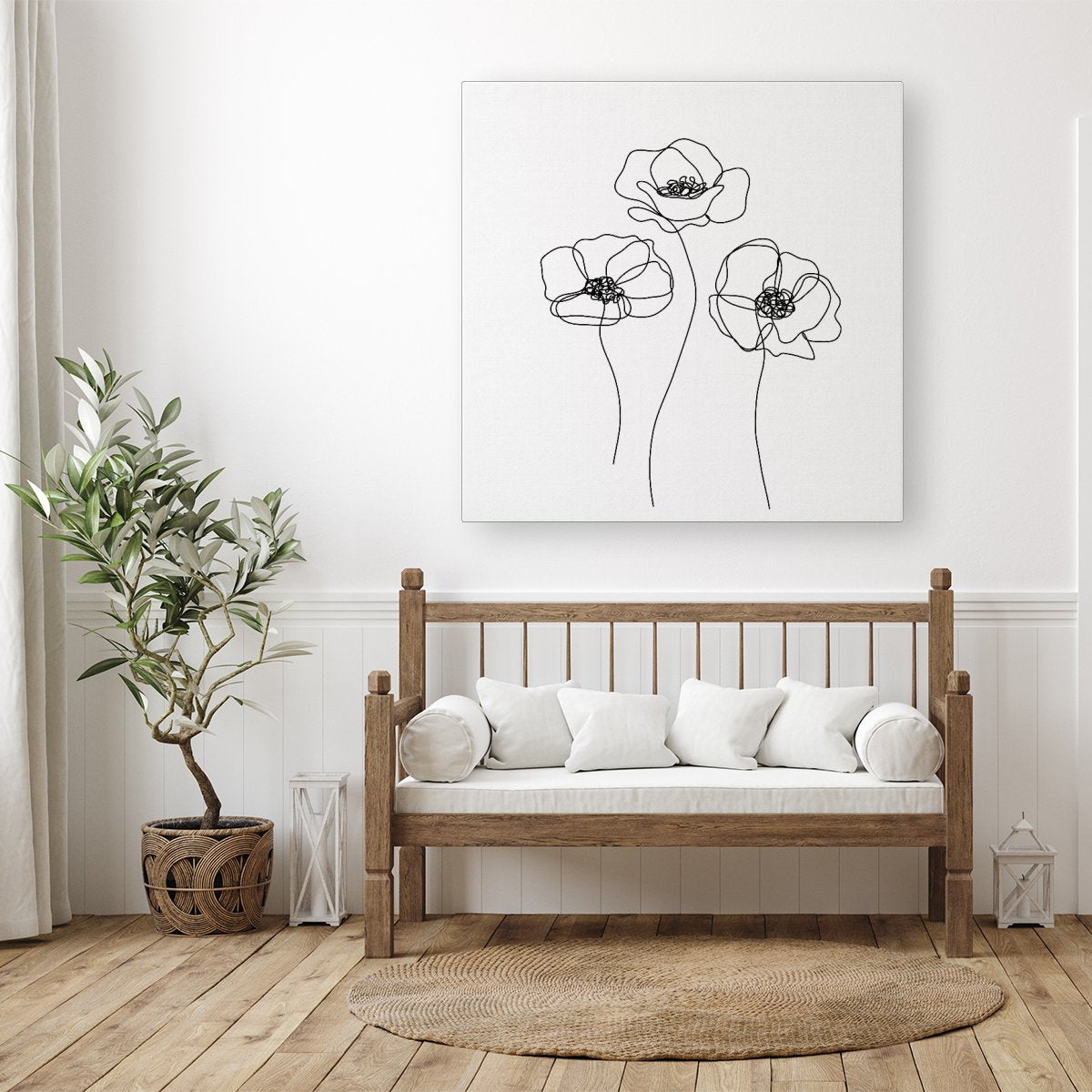 Monochrome Line Drawn Poppies Canvas