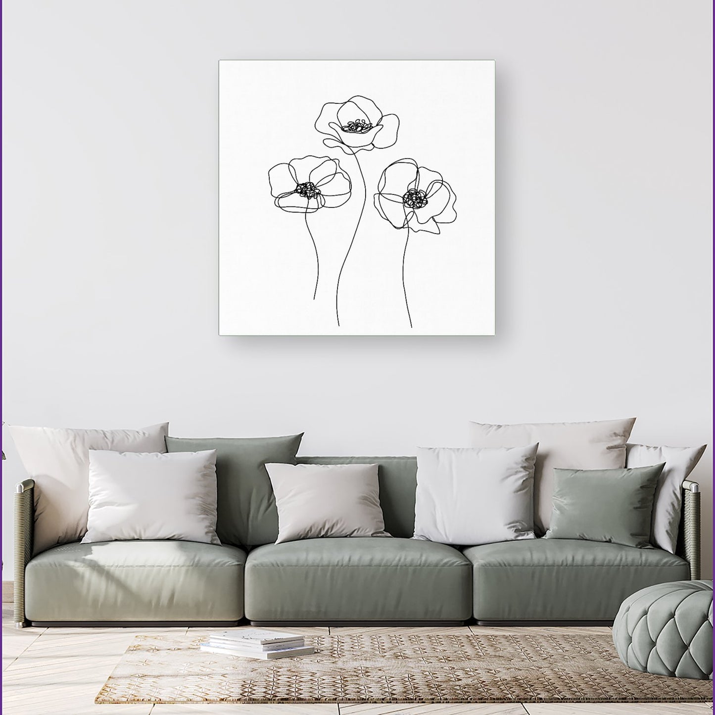 Monochrome Line Drawn Poppies Canvas