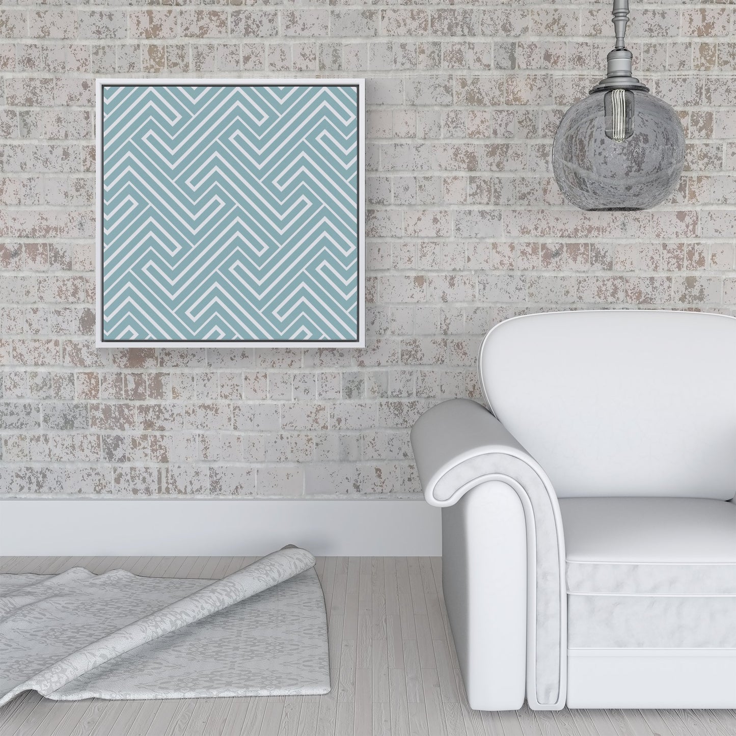 Blue And White Geometric Pattern Framed Canvas