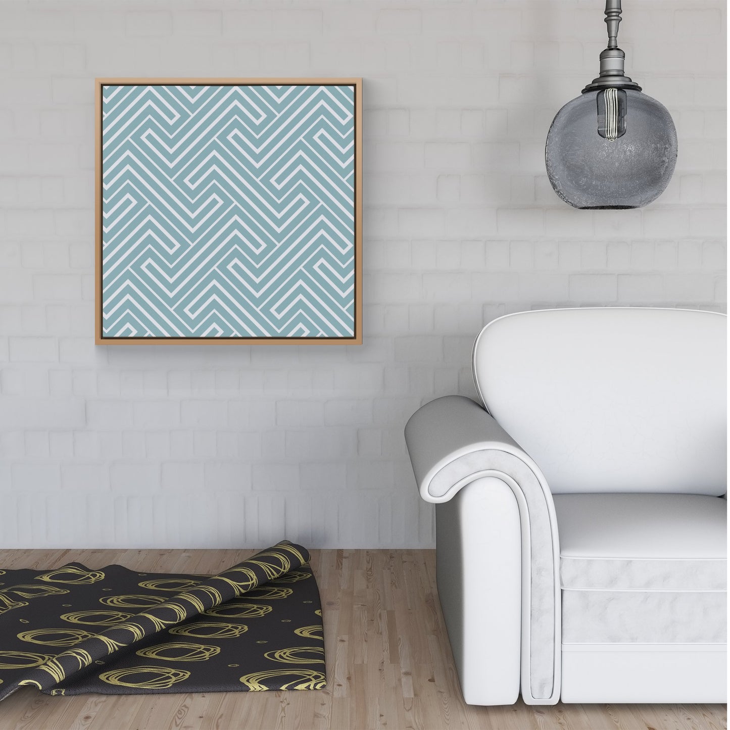 Blue And White Geometric Pattern Framed Canvas