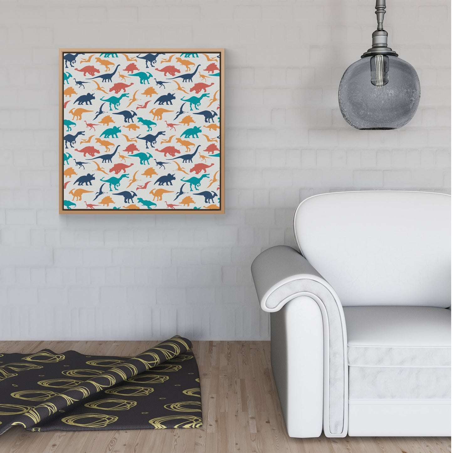 Multicoloured Dinosaurs Framed Canvas