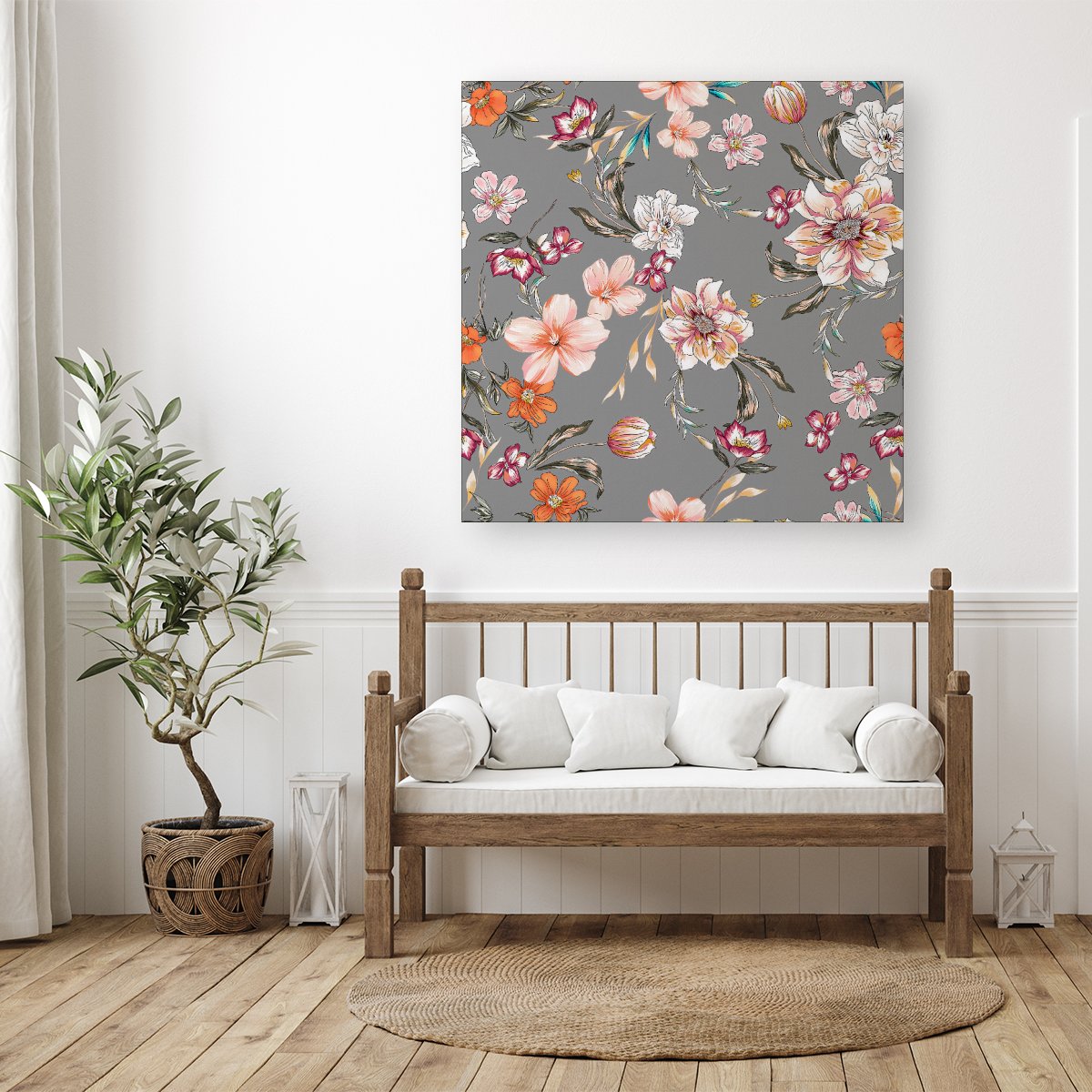 Peony, Lily, Tulip, Daisy Colorful On Grey Background Canvas
