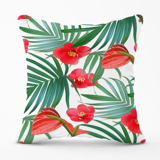 Tropical Flowers And Palm Leaves Hawaiian Outdoor Cushion