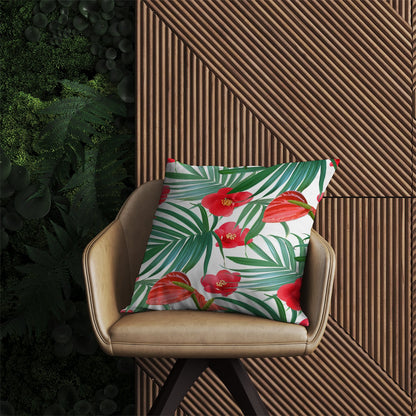 Tropical Flowers And Palm Leaves Hawaiian Outdoor Cushion