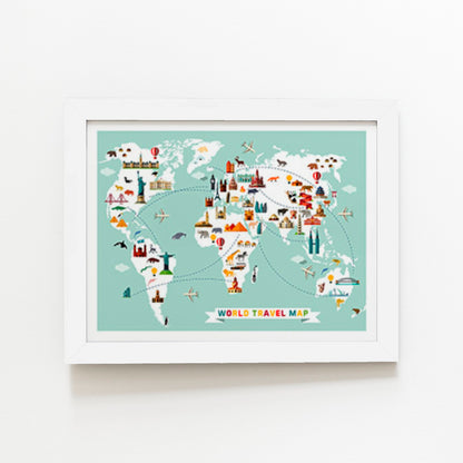 Cartoon Animal World Map Art Prints