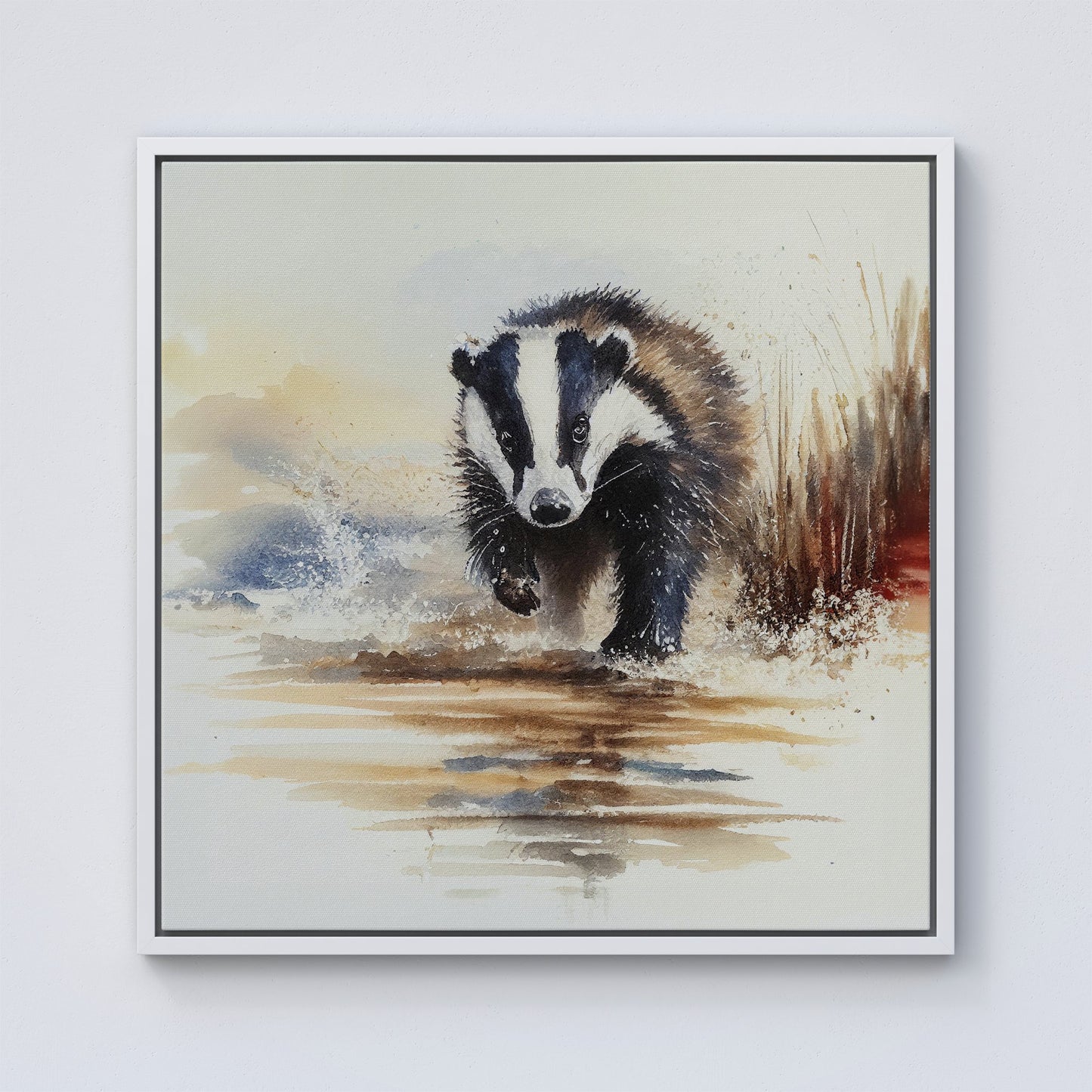 Wading Badger Watercolour Framed Canvas