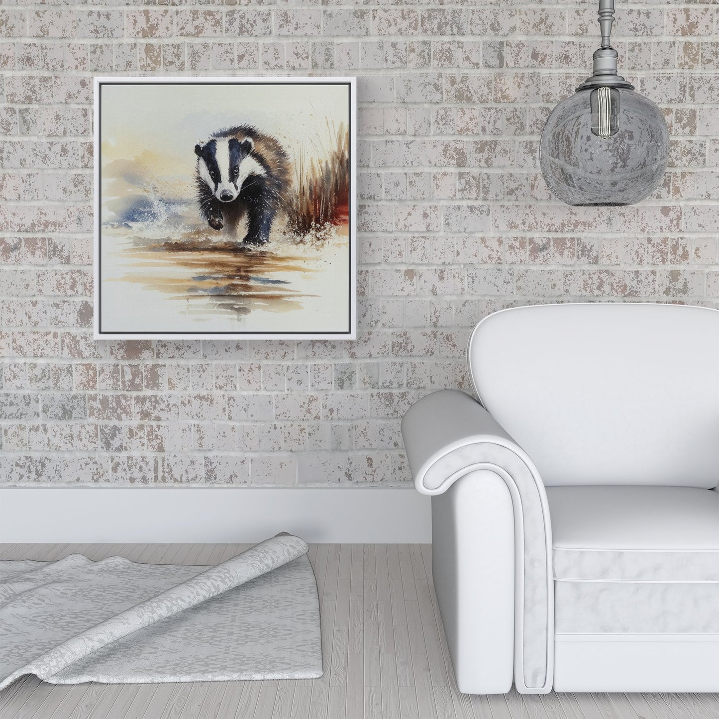 Wading Badger Watercolour Framed Canvas