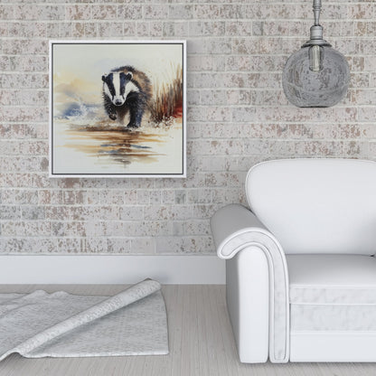 Wading Badger Watercolour Framed Canvas