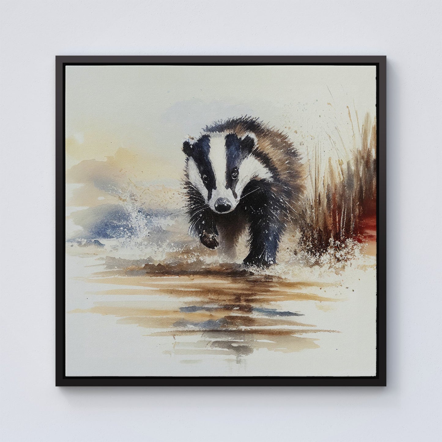 Wading Badger Watercolour Framed Canvas
