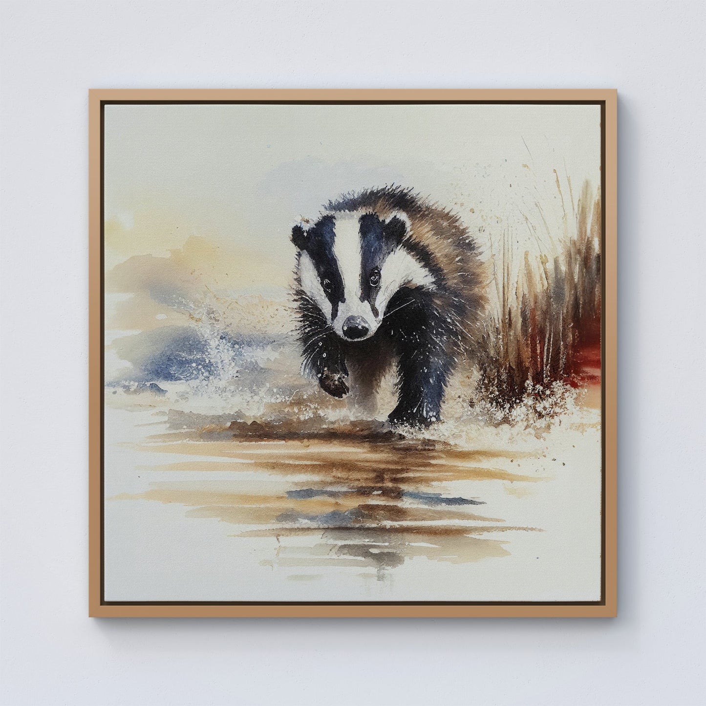 Wading Badger Watercolour Framed Canvas