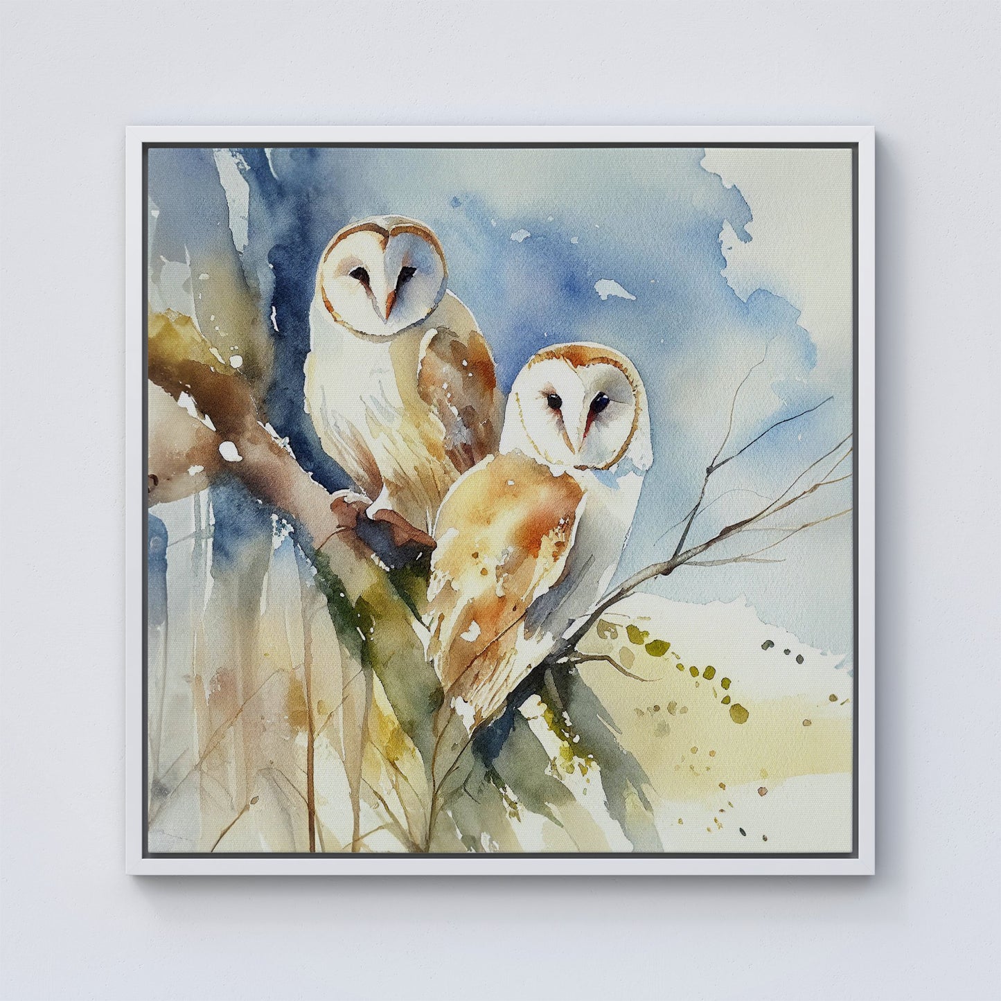 Barn Owls Watercolour Framed Canvas