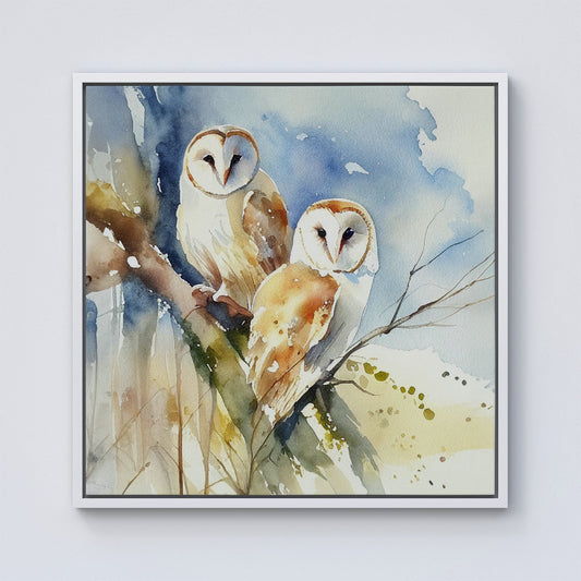 Barn Owls Watercolour Framed Canvas