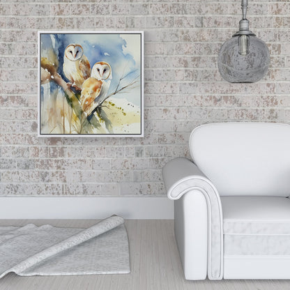 Barn Owls Watercolour Framed Canvas