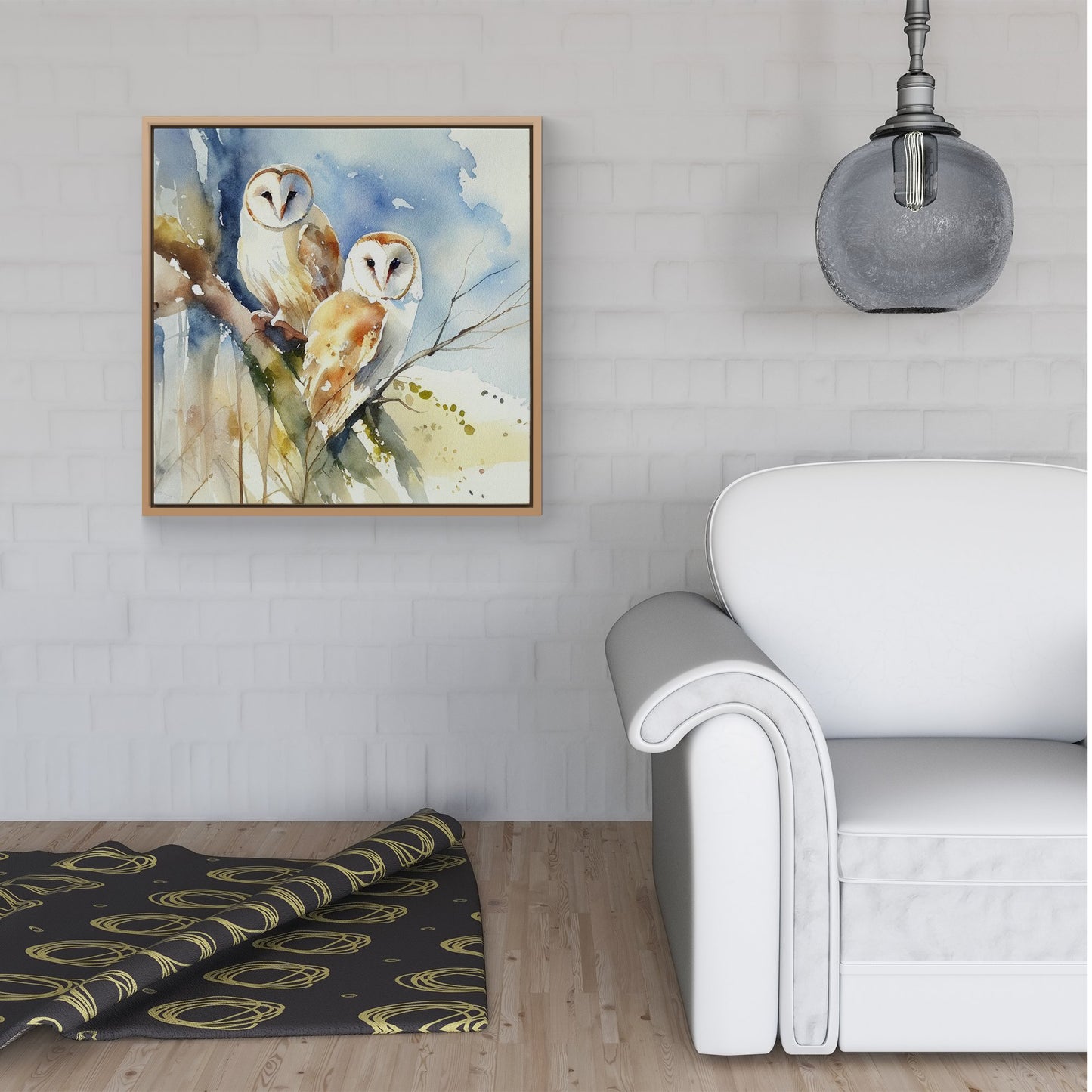 Barn Owls Watercolour Framed Canvas
