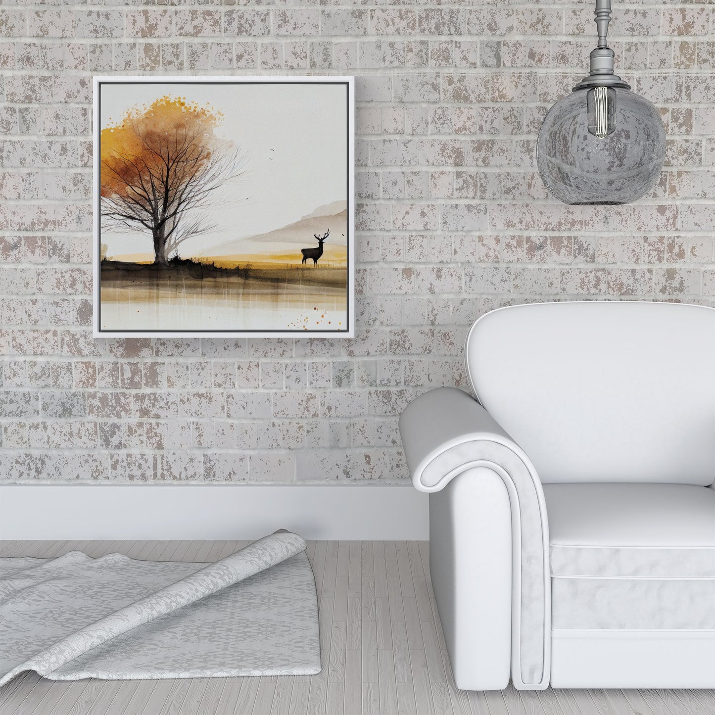 Autumn Landscape Stag Watercolour Framed Canvas